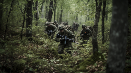 An armed Squad moving through a dense forest.
